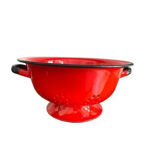 Vintage Red Enamel Colander Strainer Bowl Black Trim Farmhouse Decor